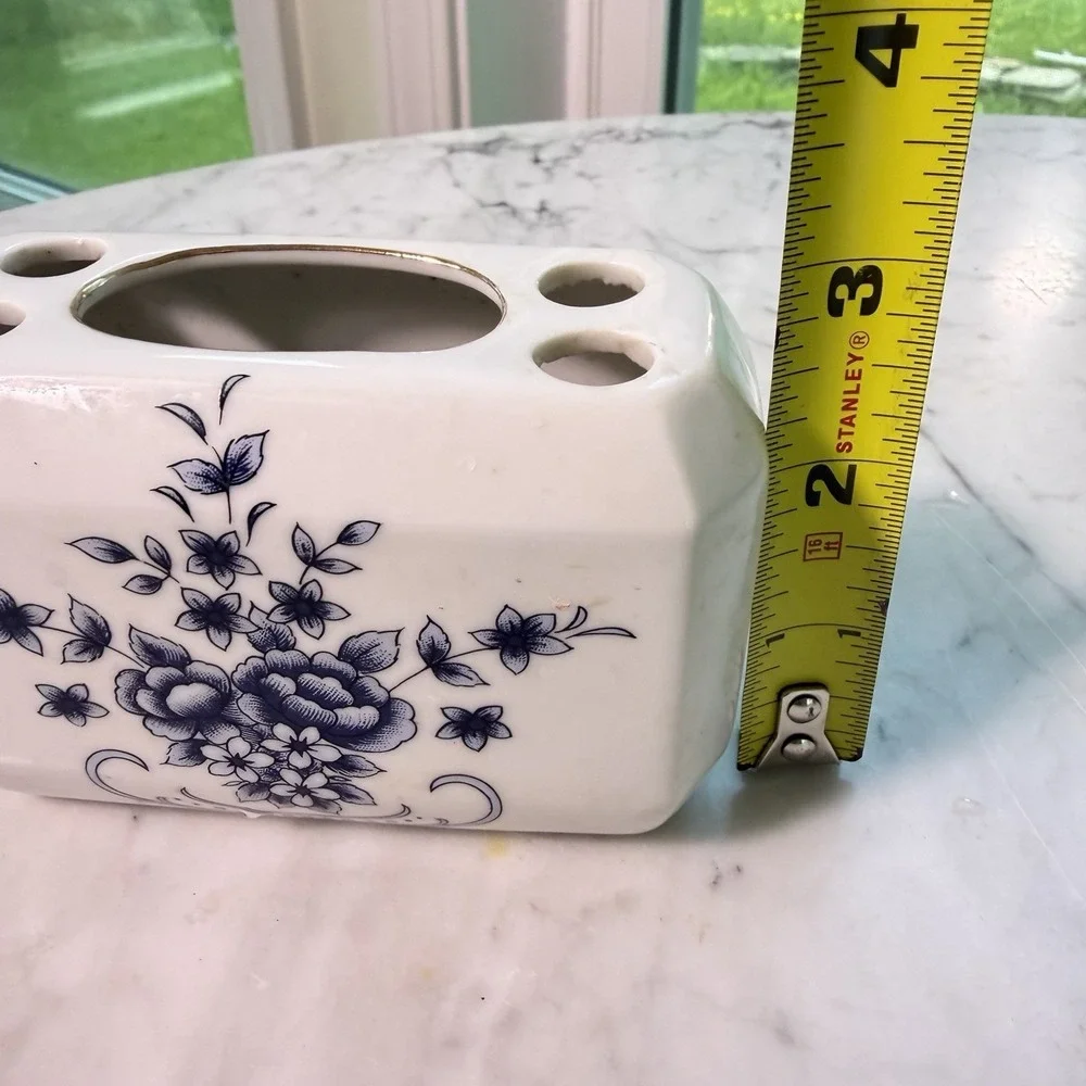Vintage Ceramic Floral Toothbrush Holder White Blue Glossy Freestanding Bathroom